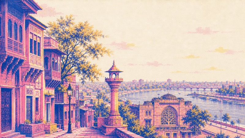 Risograph illustration of old Ahmedabad: havelis, a chabutro and the Sabarmati river