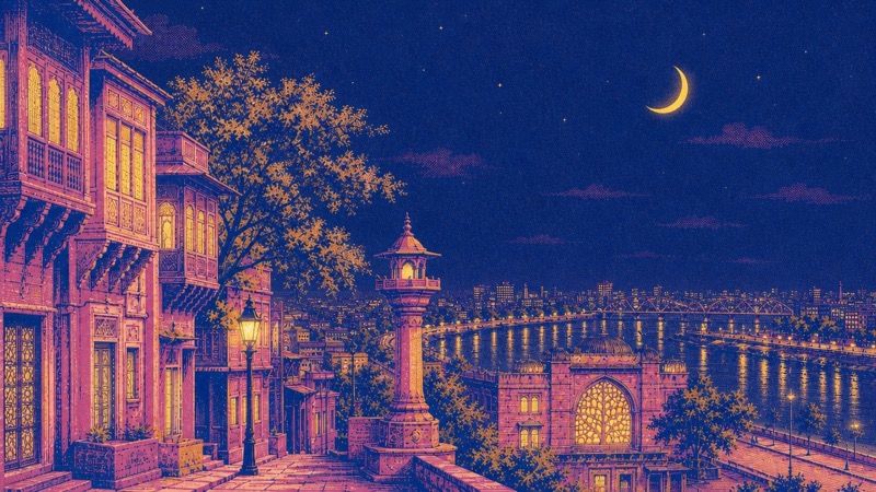 Risograph illustration of old Ahmedabad: havelis, a chabutro and the Sabarmati river, at night