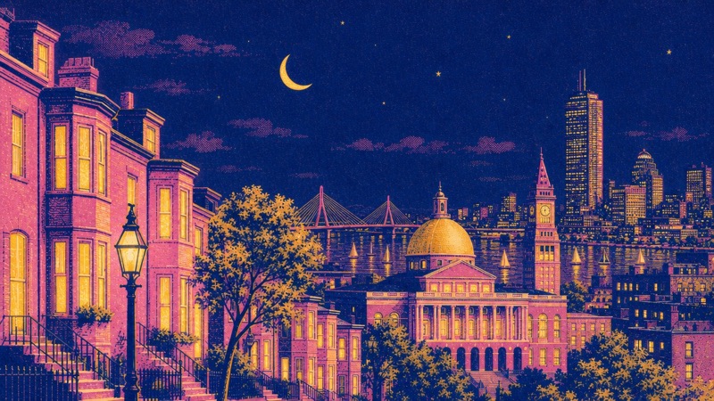 Risograph illustration of Boston: Beacon Hill brownstones, the State House dome and the Charles River, at night