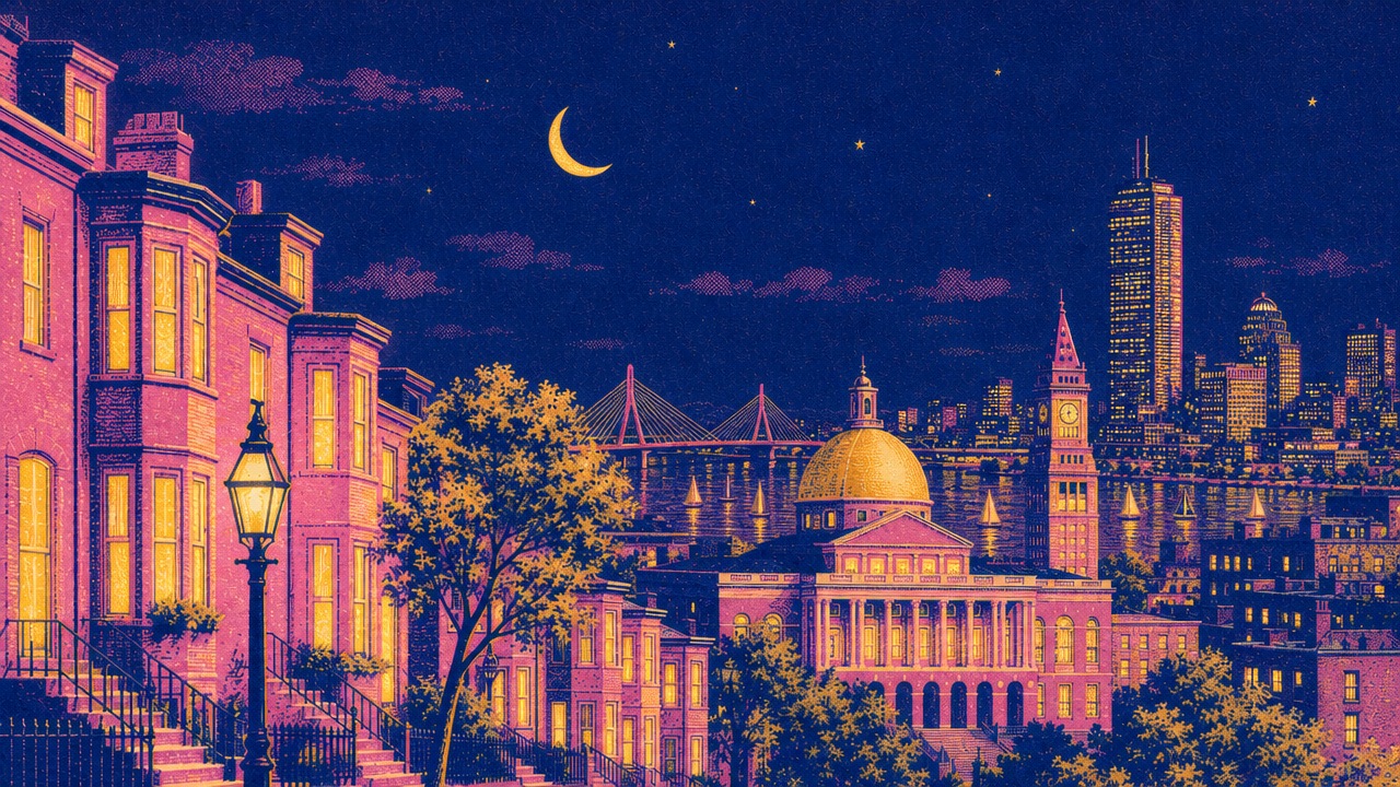 Risograph illustration of Boston: Beacon Hill brownstones, the State House dome and the Charles River, at night