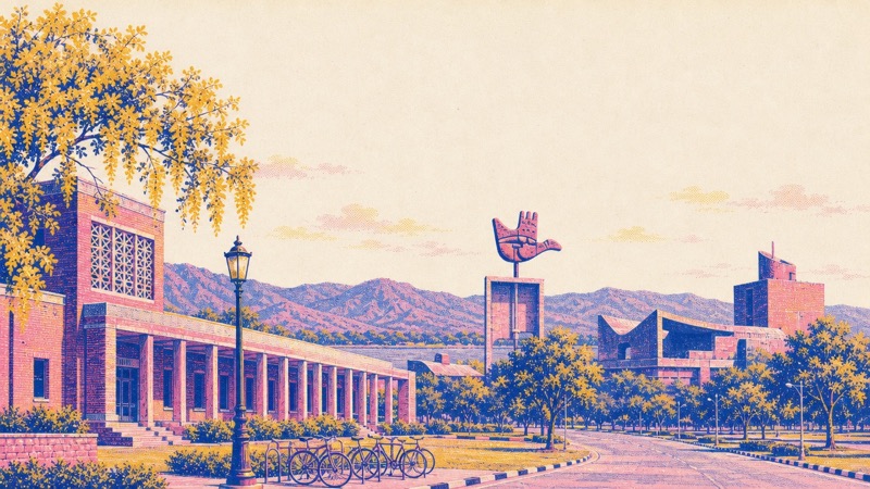 Risograph illustration of Chandigarh: DAV College, Sector 10, with the Open Hand and the Shivalik hills