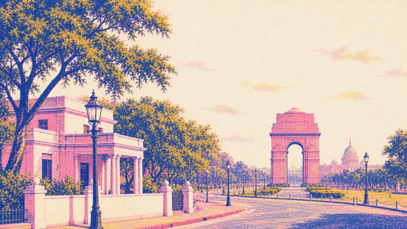 Risograph illustration of India Gate at the end of a tree-lined Delhi avenue