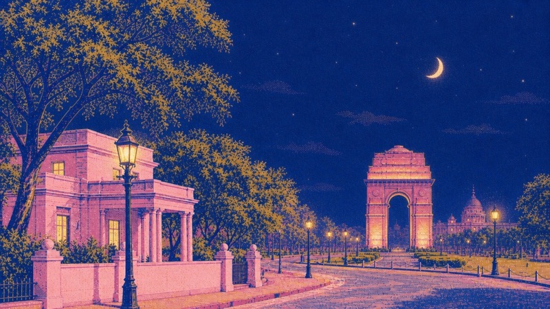 Risograph illustration of India Gate at the end of a tree-lined Delhi avenue, at night