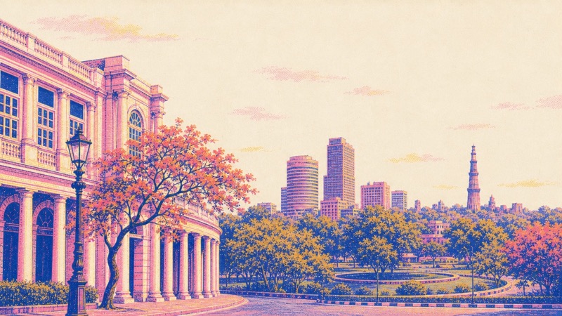 Risograph illustration of Connaught Place, New Delhi, with the Qutub Minar in the distance