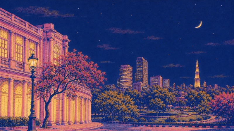 Risograph illustration of Connaught Place, New Delhi, with the Qutub Minar in the distance, at night