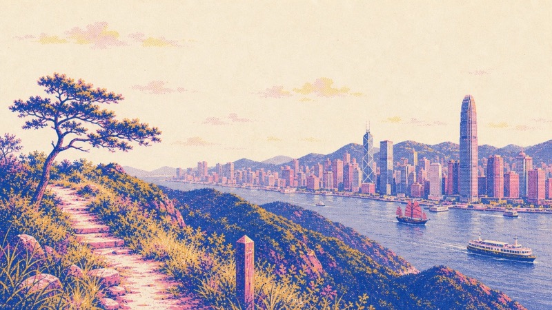 Risograph illustration of a Hong Kong hiking trail above Victoria Harbour and the skyline