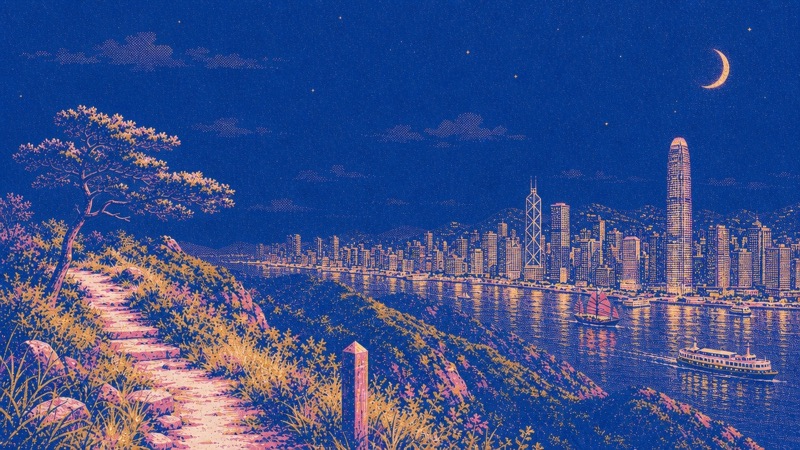 Risograph illustration of a Hong Kong hiking trail above Victoria Harbour and the skyline, at night