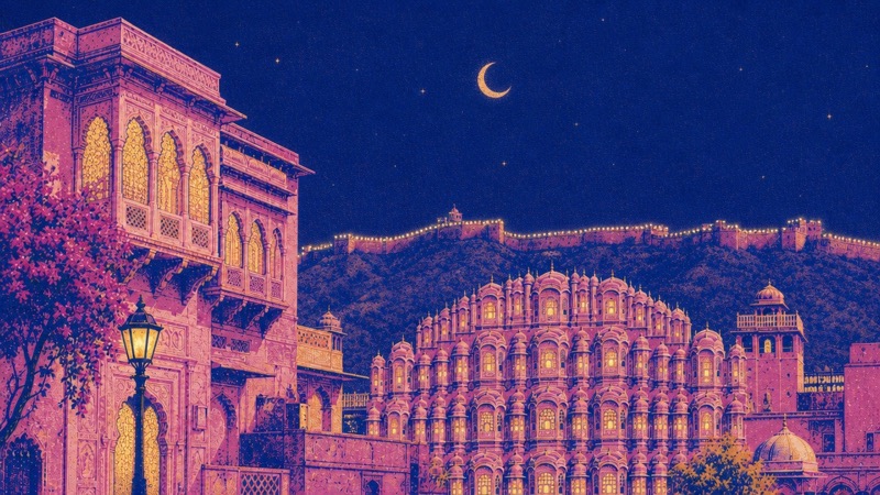 Risograph illustration of Jaipur: the Hawa Mahal with Nahargarh Fort on the ridge, at night